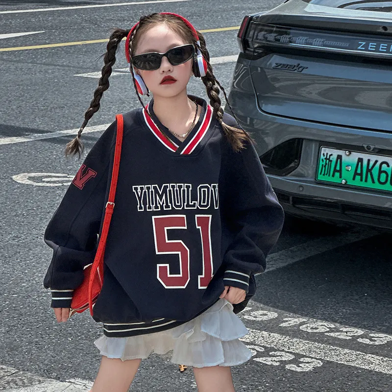 【120-170cm】人気上昇中 カジュアル ゆったり アルファベット Vネック 女の子 トレーナー