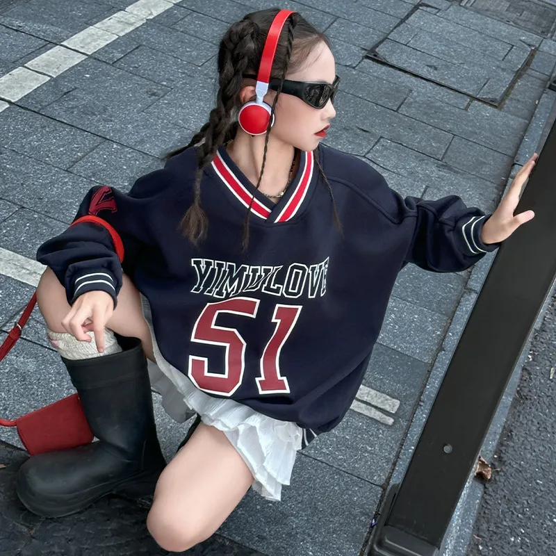 【120-170cm】人気上昇中 カジュアル ゆったり アルファベット Vネック 女の子 トレーナー