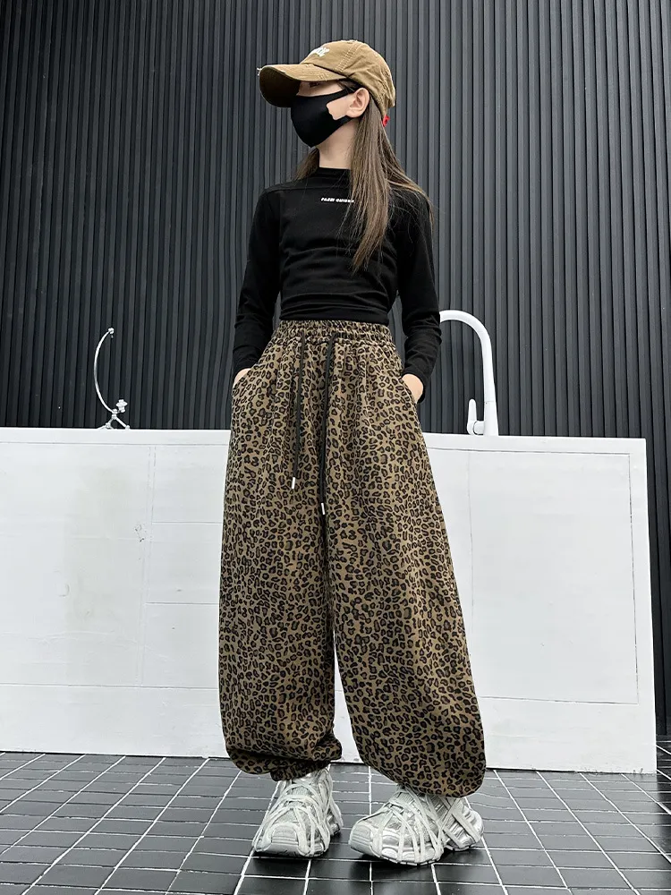 【120-170cm】話題沸騰中 大注目 カジュアル 快適 ヒョウ柄 女の子 裏起毛 パンツ