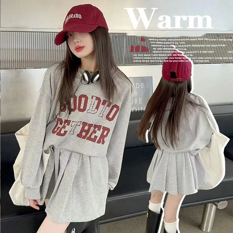 【120-170cm】二点セット 大活躍 オシャレ キャンバス カジュアル 女の子 トレーナー＋スカート セットアップ