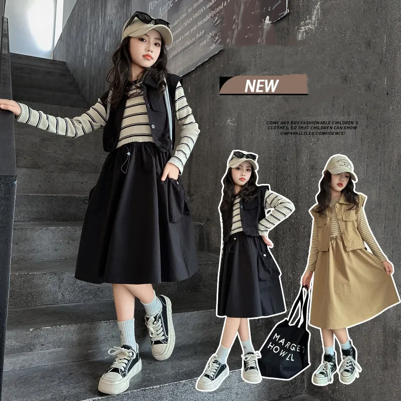 【120-170cm】二点セット きれいめ カジュアル キャンパス 女の子 ベスト＋ワンピース セットアップ