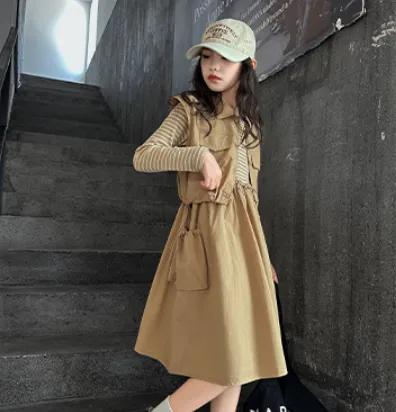 【120-170cm】二点セット きれいめ カジュアル キャンパス 女の子 ベスト＋ワンピース セットアップ