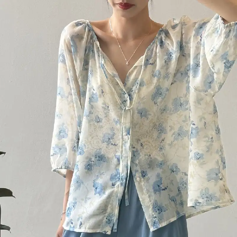 トップス 2色展開 花柄 リボン ゆったり 涼しい 七分袖 ブルー オレンジ M L