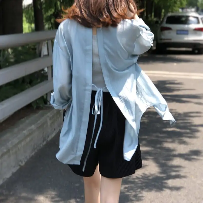 トップス 薄いシャツ 日差し防止 3色展開 バックリボン 薄手 ブルー ホワイト パープル S M L