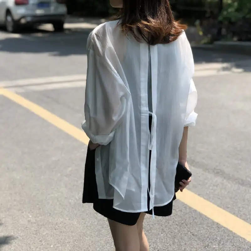 トップス 薄いシャツ 日差し防止 3色展開 バックリボン 薄手 ブルー ホワイト パープル S M L