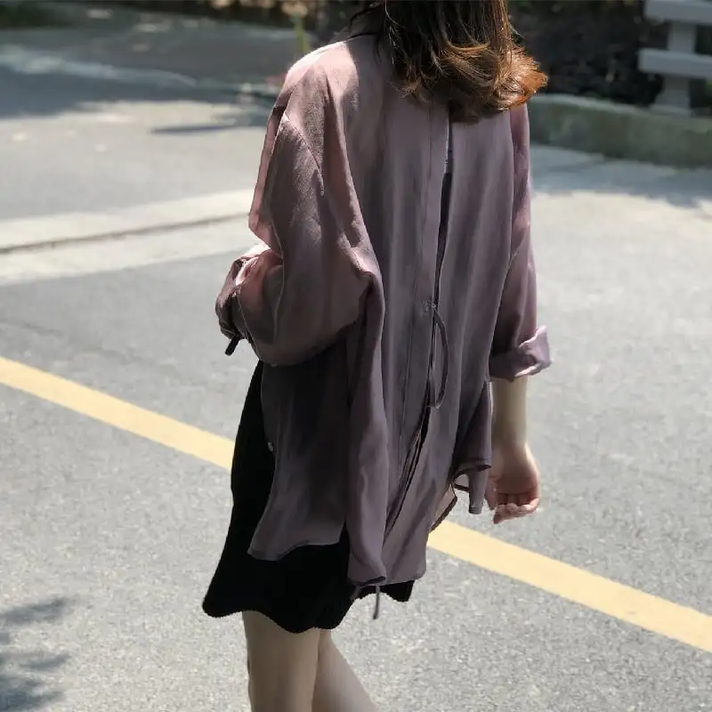 トップス 薄いシャツ 日差し防止 3色展開 バックリボン 薄手 ブルー ホワイト パープル S M L