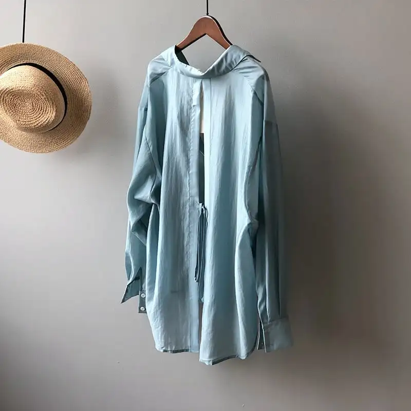 トップス 薄いシャツ 日差し防止 3色展開 バックリボン 薄手 ブルー ホワイト パープル S M L