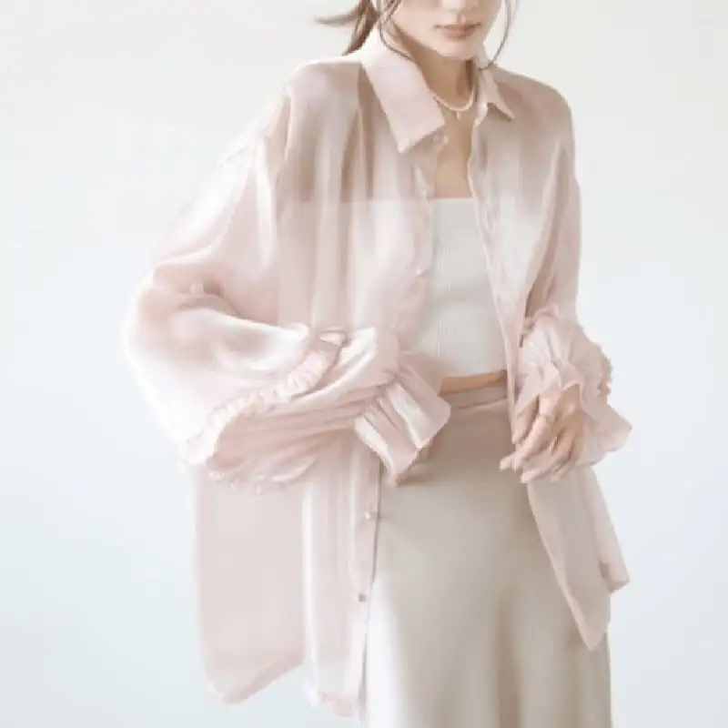 トップス 薄いシャツ 日差し防止 2色展開 薄手 ランタンスリーブ 日焼け止め服 長袖 ピンク ホワイト