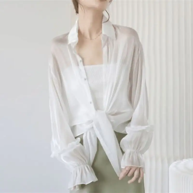 トップス 薄いシャツ 日差し防止 2色展開 薄手 ランタンスリーブ 日焼け止め服 長袖 ピンク ホワイト