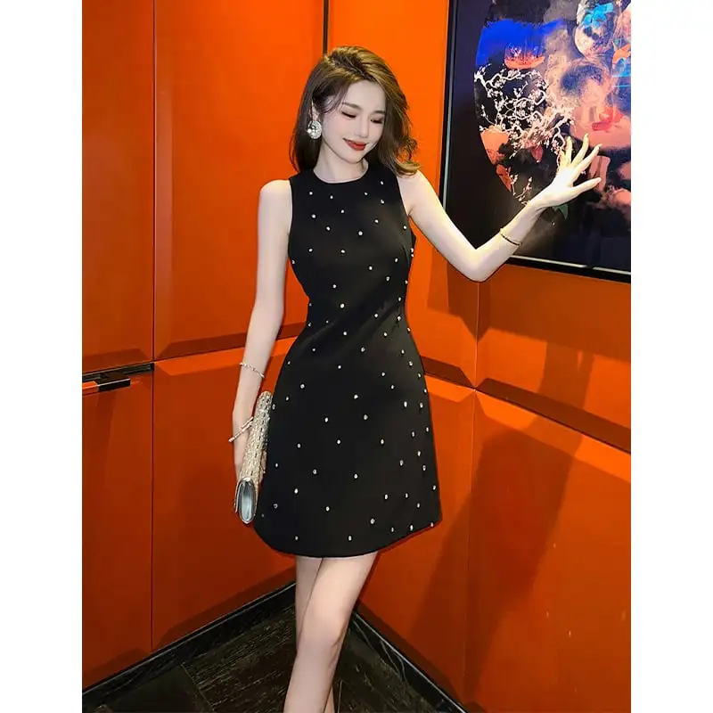 ワンピース セクシー 背見せ ラインストーン ノースリーブ ブラック