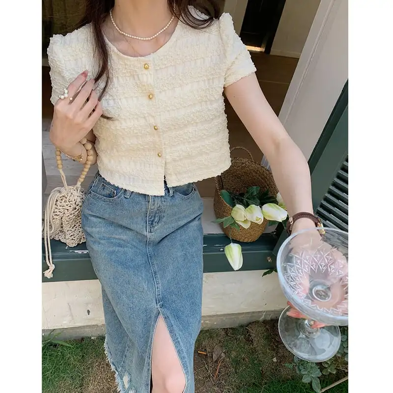 トップス Tシャツ シングルブレスト ラウンドネック 半袖 ベージュ