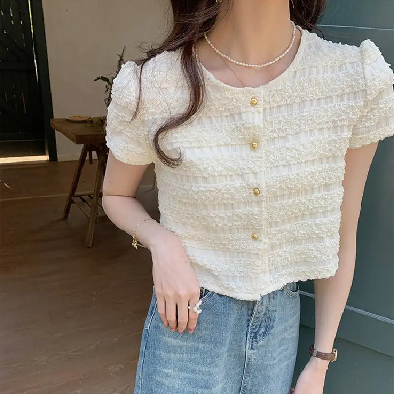 トップス Tシャツ シングルブレスト ラウンドネック 半袖 ベージュ