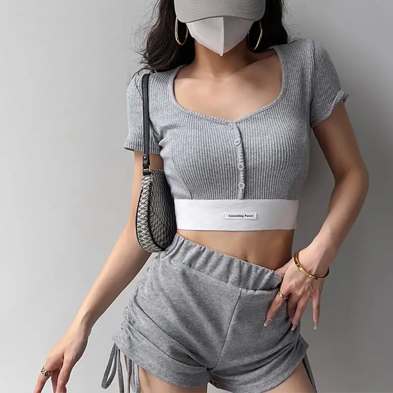 トップス  Tシャツ スポーツウェア セクシー 切り替え スクエアネック シュート丈 ホワイト ブラック ピンク グレー ダークグレー