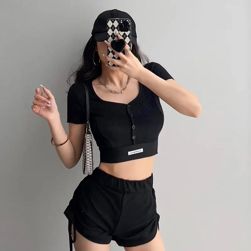 トップス  Tシャツ スポーツウェア セクシー 切り替え スクエアネック シュート丈 ホワイト ブラック ピンク グレー ダークグレー