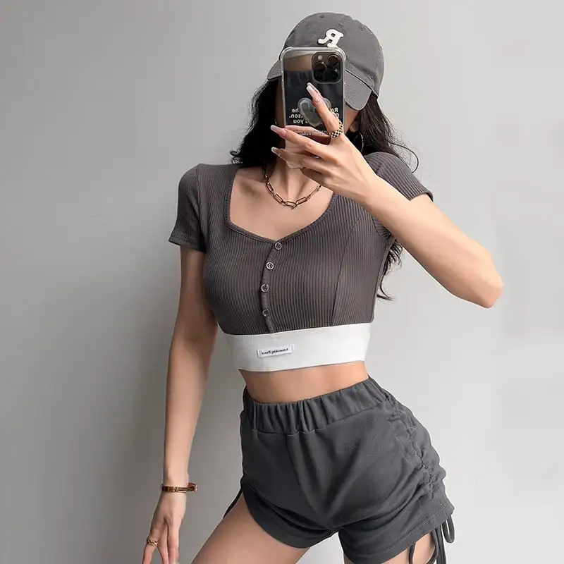 トップス  Tシャツ スポーツウェア セクシー 切り替え スクエアネック シュート丈 ホワイト ブラック ピンク グレー ダークグレー