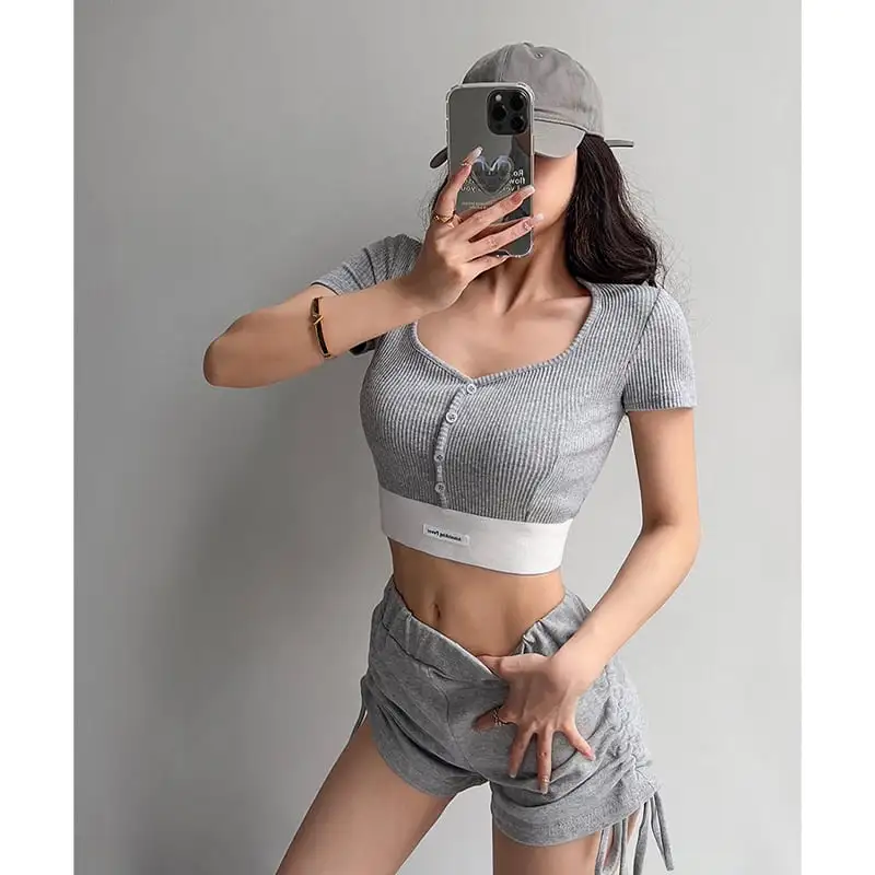 トップス  Tシャツ スポーツウェア セクシー 切り替え スクエアネック シュート丈 ホワイト ブラック ピンク グレー ダークグレー
