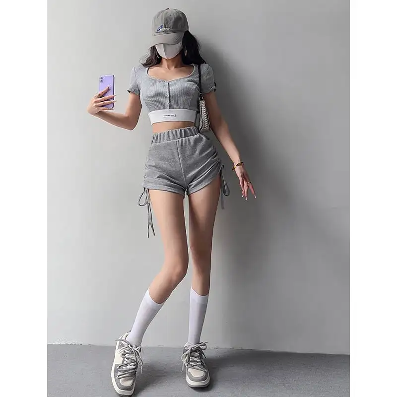 トップス  Tシャツ スポーツウェア セクシー 切り替え スクエアネック シュート丈 ホワイト ブラック ピンク グレー ダークグレー