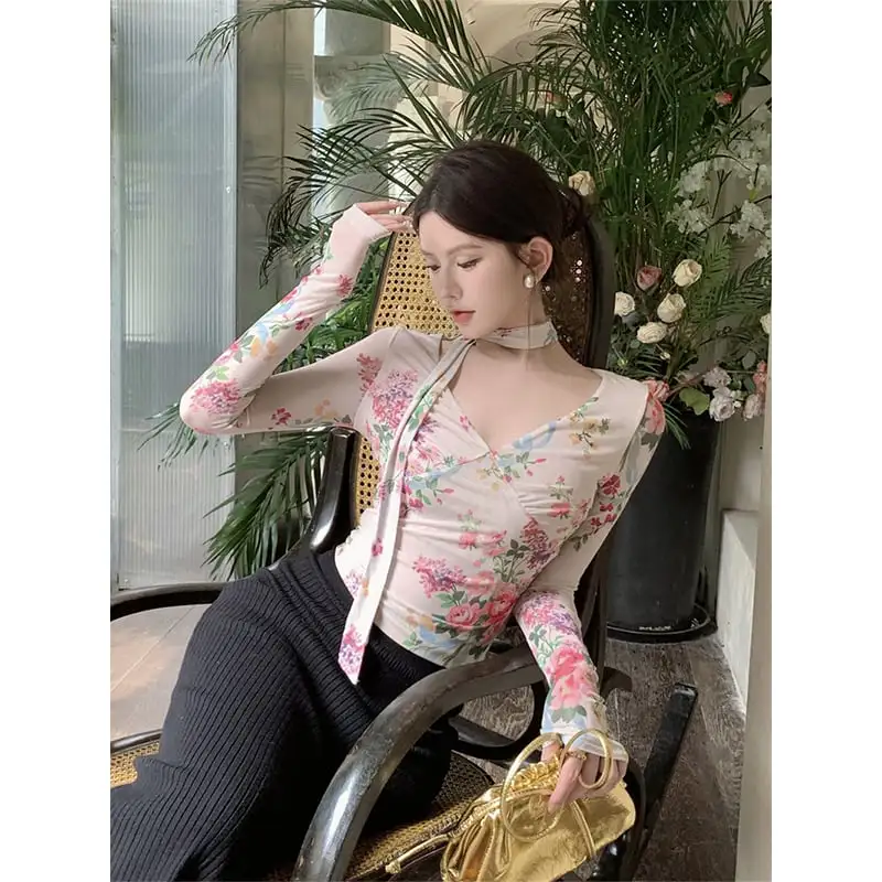 トップス Tシャツ オシャレ 長袖 花柄 レトロ セクシー Vネック