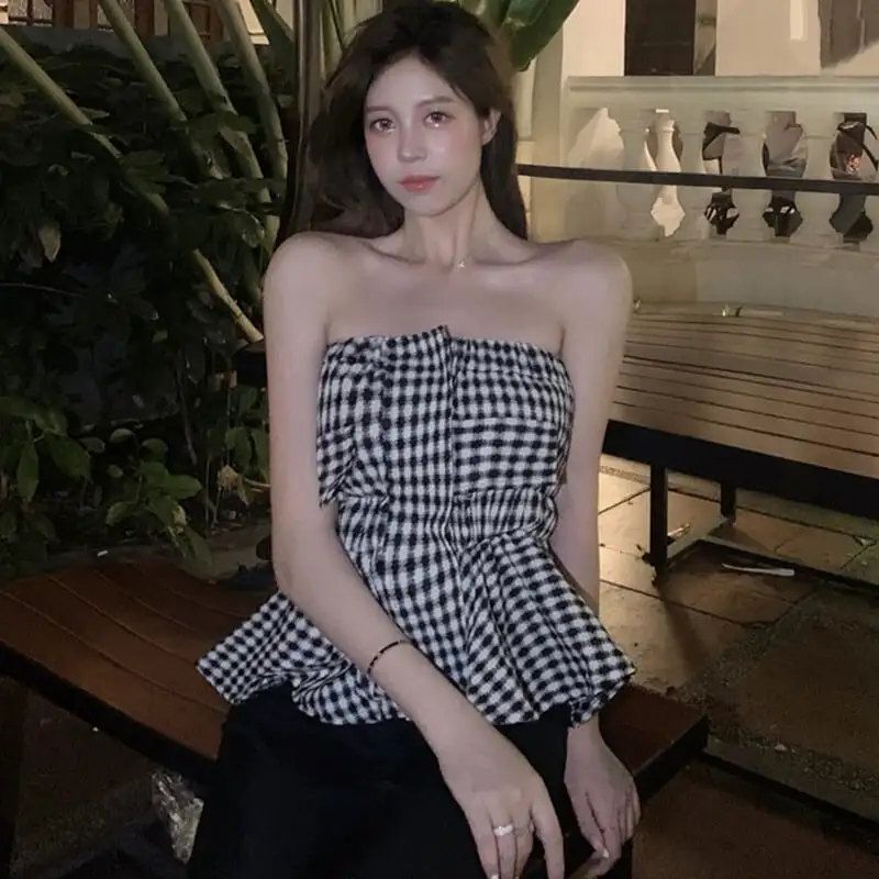 トップス キャミソール セクシー チェック柄 ペプラム