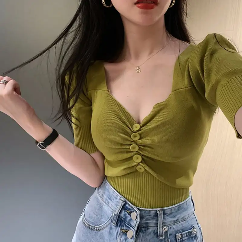 トップス Tシャツ 5色展開 セクシー ニット パープル ホワイト ブラック グリーン アプリコット