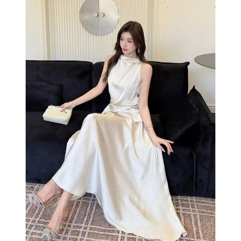 セットアップ トップス+スカート ノースリーブ フェミニン 無地 ベージュ