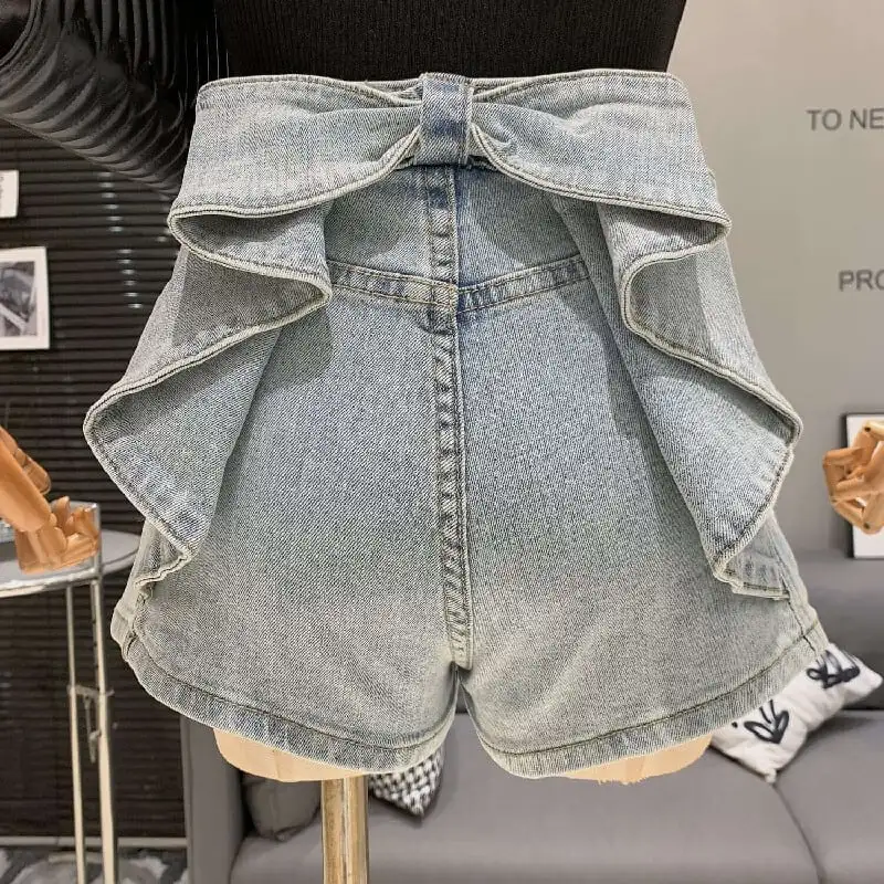 ボトムス デニムパンツ 2色展開 ショート丈 リボン ブルー ホワイト
