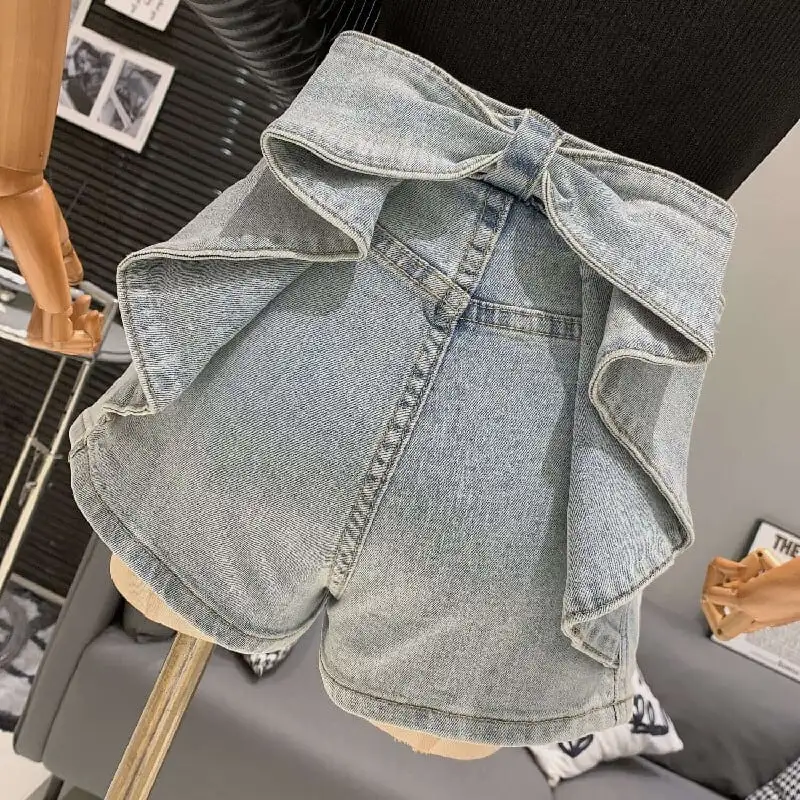 ボトムス デニムパンツ 2色展開 ショート丈 リボン ブルー ホワイト