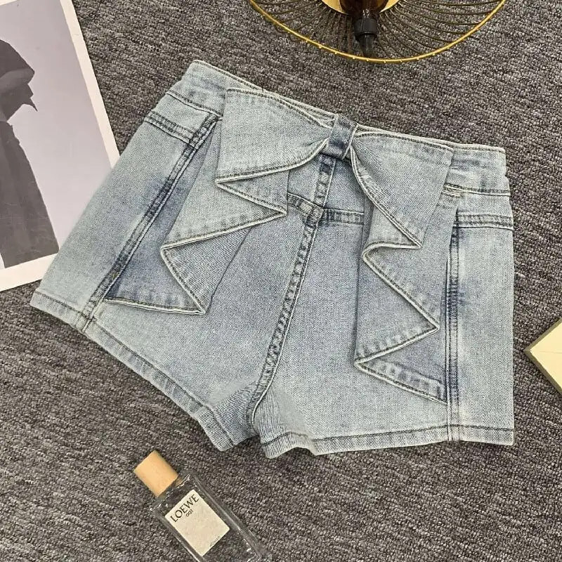 ボトムス デニムパンツ 2色展開 ショート丈 リボン ブルー ホワイト