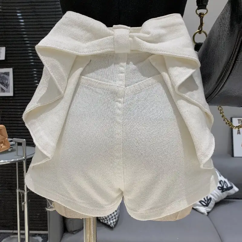 ボトムス デニムパンツ 2色展開 ショート丈 リボン ブルー ホワイト