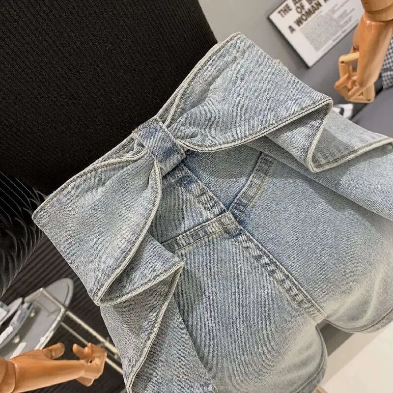 ボトムス デニムパンツ 2色展開 ショート丈 リボン ブルー ホワイト