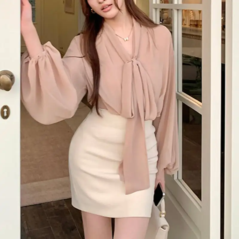 セットアップ トップス+スカート 長袖 リボン ランタンスリーブ 気質溢れる S M L