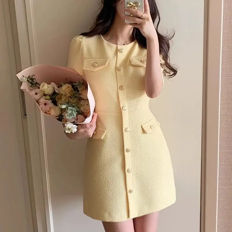 ワンピース 3色展開 ツイード 膝上 無地 ベージュ イエロー ブラック