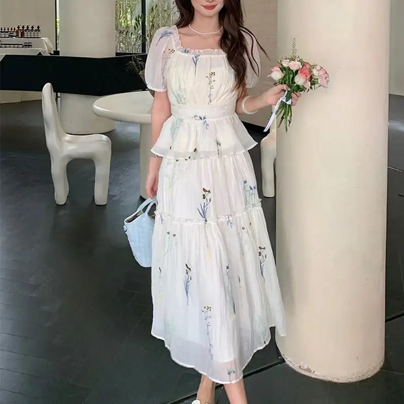 セットアップ トップス+スカート スクエアネック パフスリーブ 刺繡 ベージュ S M L XL 2XL