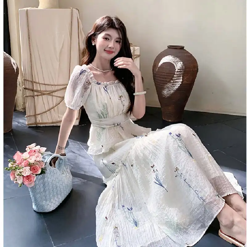 セットアップ トップス+スカート スクエアネック パフスリーブ 刺繡 ベージュ S M L XL 2XL