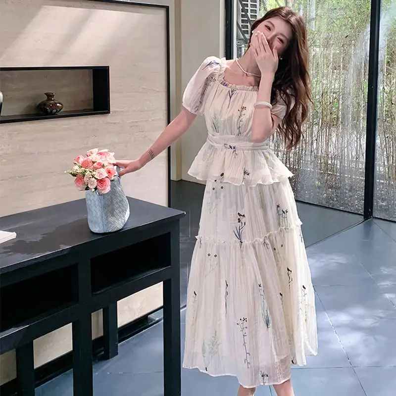 セットアップ トップス+スカート スクエアネック パフスリーブ 刺繡 ベージュ S M L XL 2XL