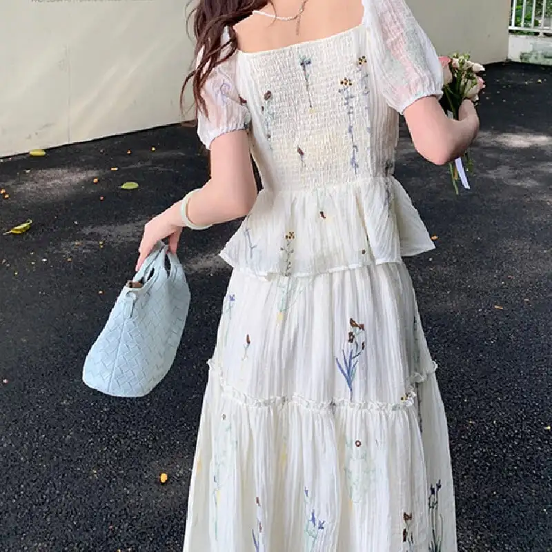 セットアップ トップス+スカート スクエアネック パフスリーブ 刺繡 ベージュ S M L XL 2XL