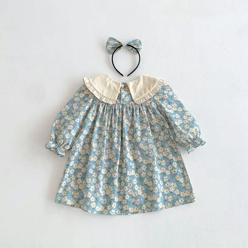 【66-130cm】姉妹服フラワー柄ブルーロンパース、ワンピース