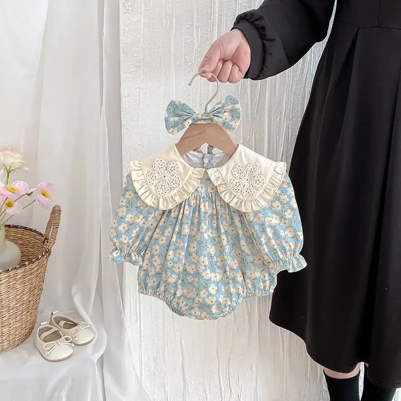 【66-130cm】姉妹服フラワー柄ブルーロンパース、ワンピース