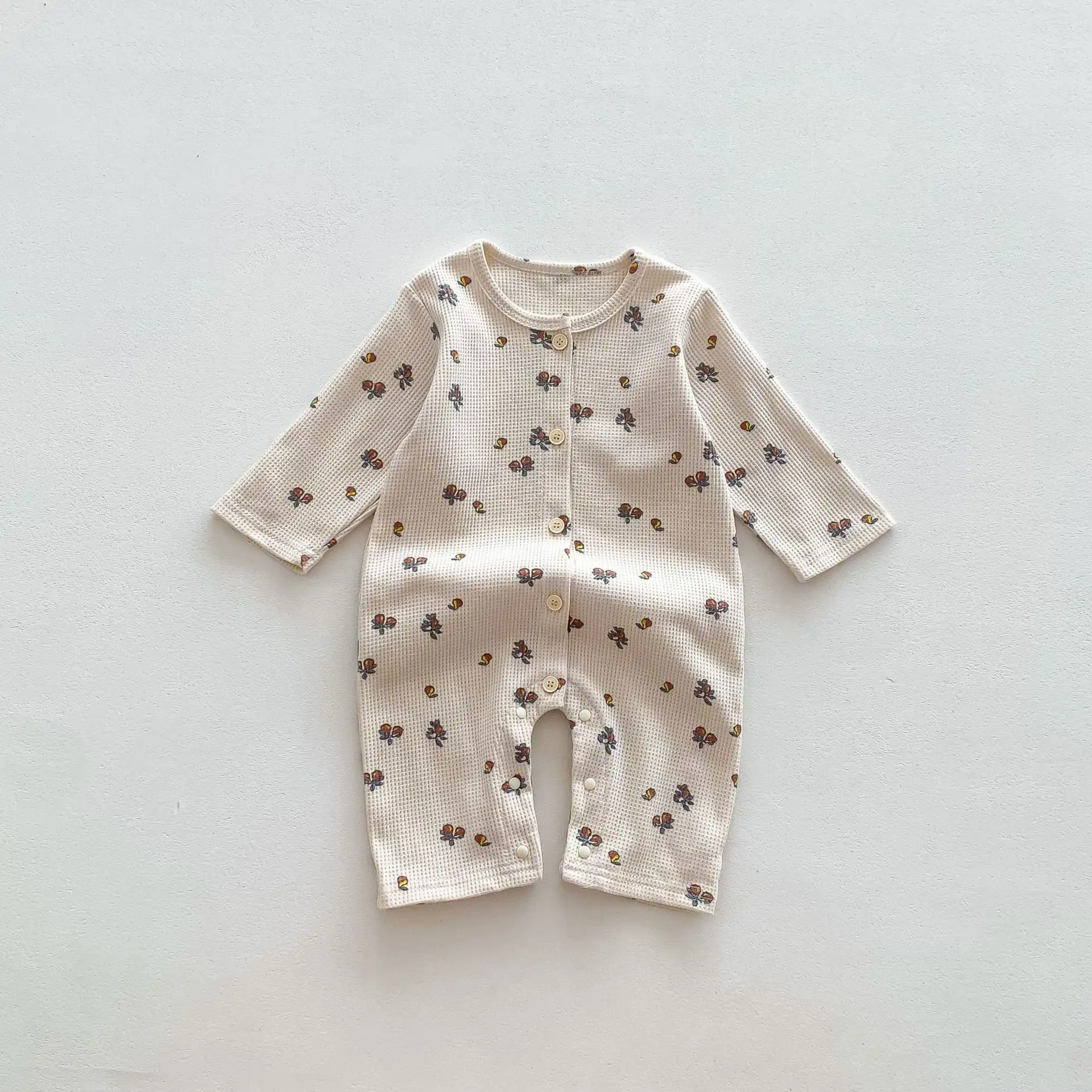 【66-90cm】ワッフル ナチュラル 長袖ロンパース