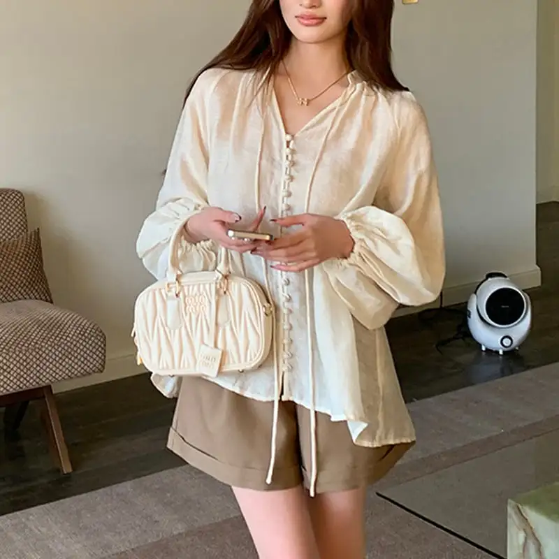 トップス ブラウス シングルブレスト リボン ゆるい ベージュ