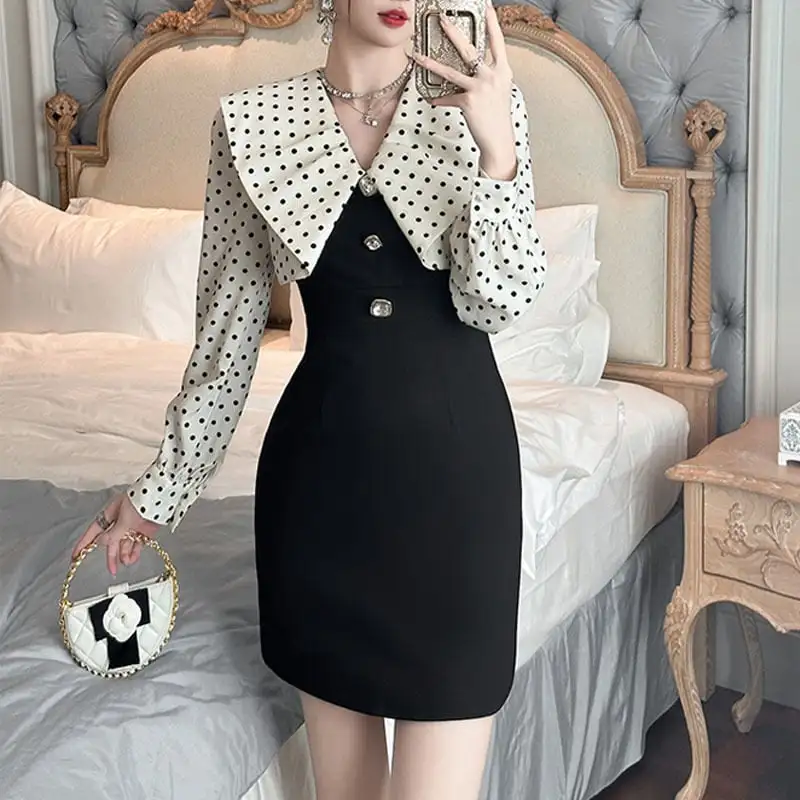 ワンピース ドット柄 折り襟デザイン 長袖 水玉模様 膝上