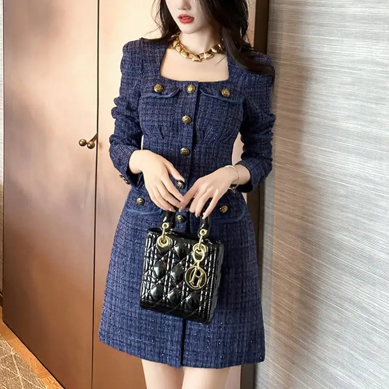 ワンピース OL/通勤 ツイード デザイン感 スクエアネック ダークブルー