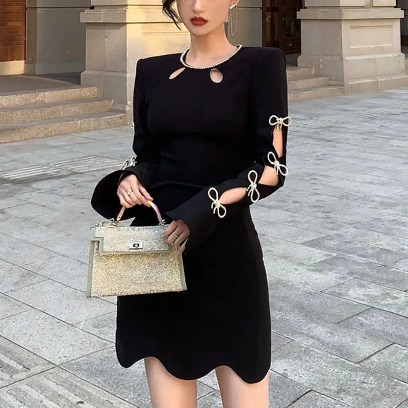 ワンピース セクシー 長袖 蝶結び ラインストーン ブラック