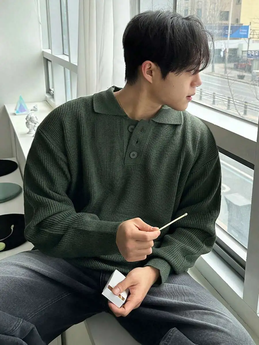 メンズ ポロネック ドロップショルダー セーター