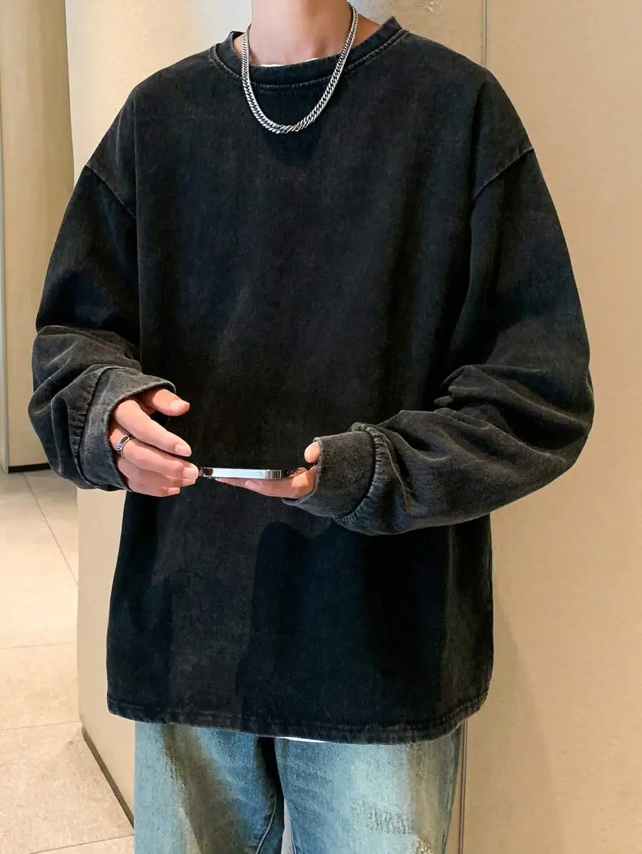 メンズ ビンテージウォッシュ ルーズフィット クルーネック ロングスリーブパーカー