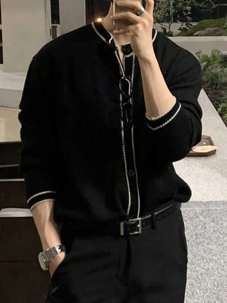 メンズ コントラストボタンフロント 長袖カジュアルトップス