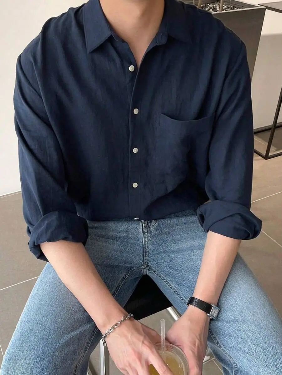 無地 ポケット付き ボタン 長袖 メンズ シャツ