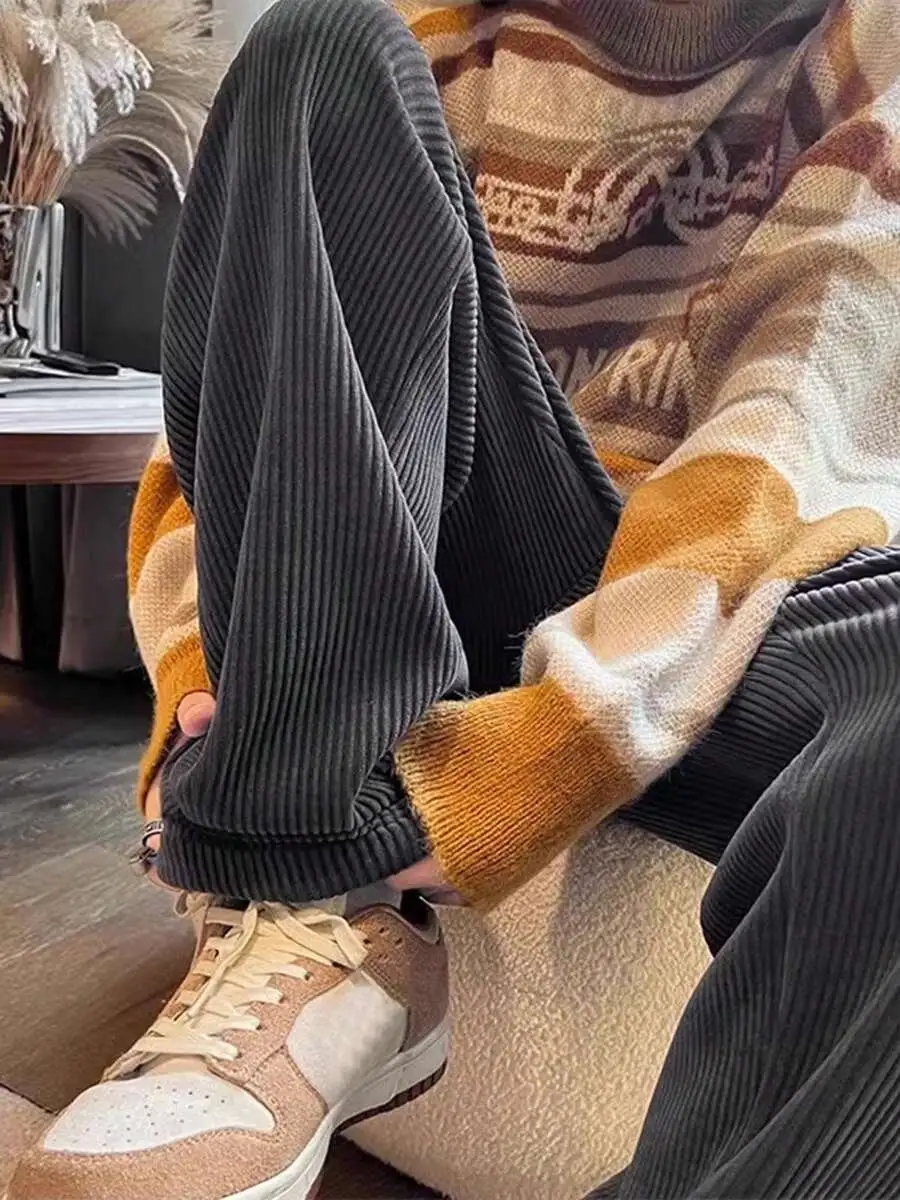 快適 カジュアル ルーズ 無地 コーデュロイストレートレッグパンツ
