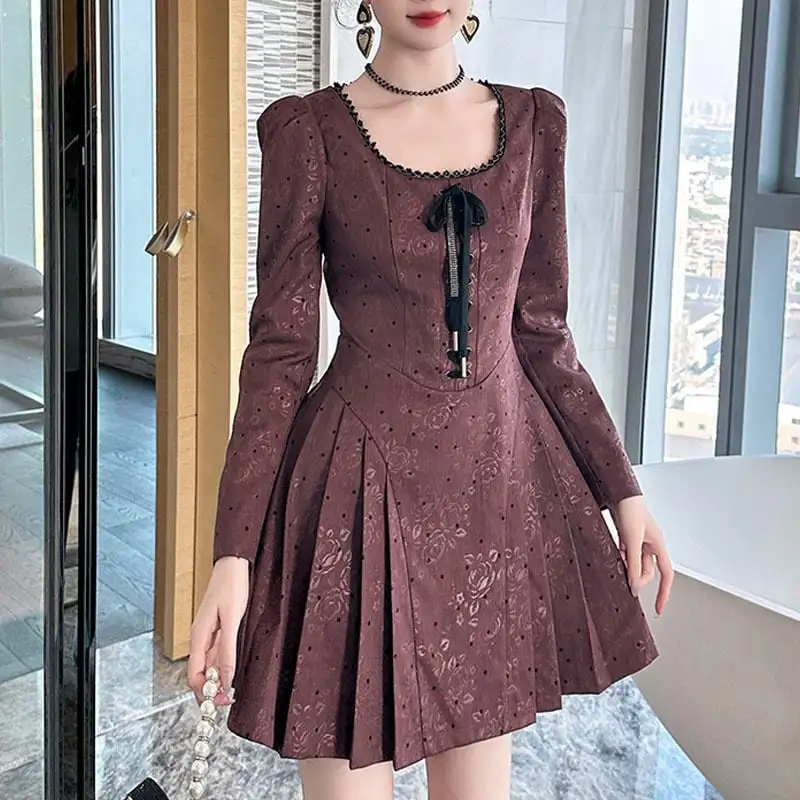 スクエアネック レトロ Aライン ドット柄 ワンピース