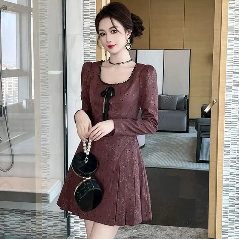 スクエアネック レトロ Aライン ドット柄 ワンピース